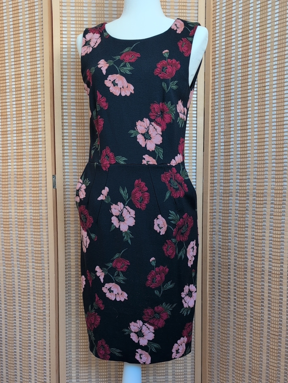 Lands' End Navy Midi Sheath Dress - Pink & Burgundy Floral Print With Pockets